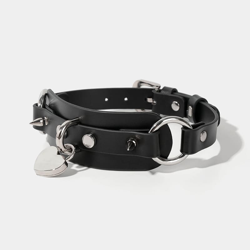 Leather Collar with Heart-Shaped Lock and Rivet