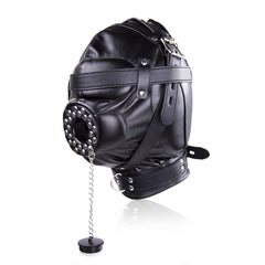 Masque de capuche de bondage en cuir végétalien de qualité supérieure avec couvre-bouche