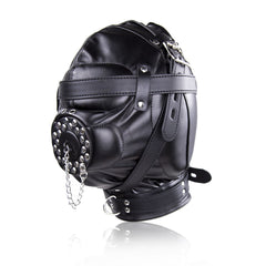 Masque de capuche de bondage en cuir végétalien de qualité supérieure avec couvre-bouche