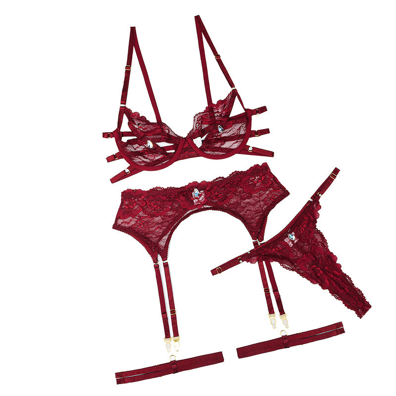 Drop Diamond Sexy Lace Hollow Lingerie Set with Garter