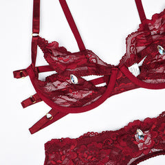 Ensemble de lingerie sexy en dentelle creuse avec jarretelles et diamants