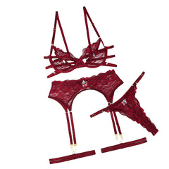 Drop Diamond Sexy Lace Hollow Lingerie Set with Garter